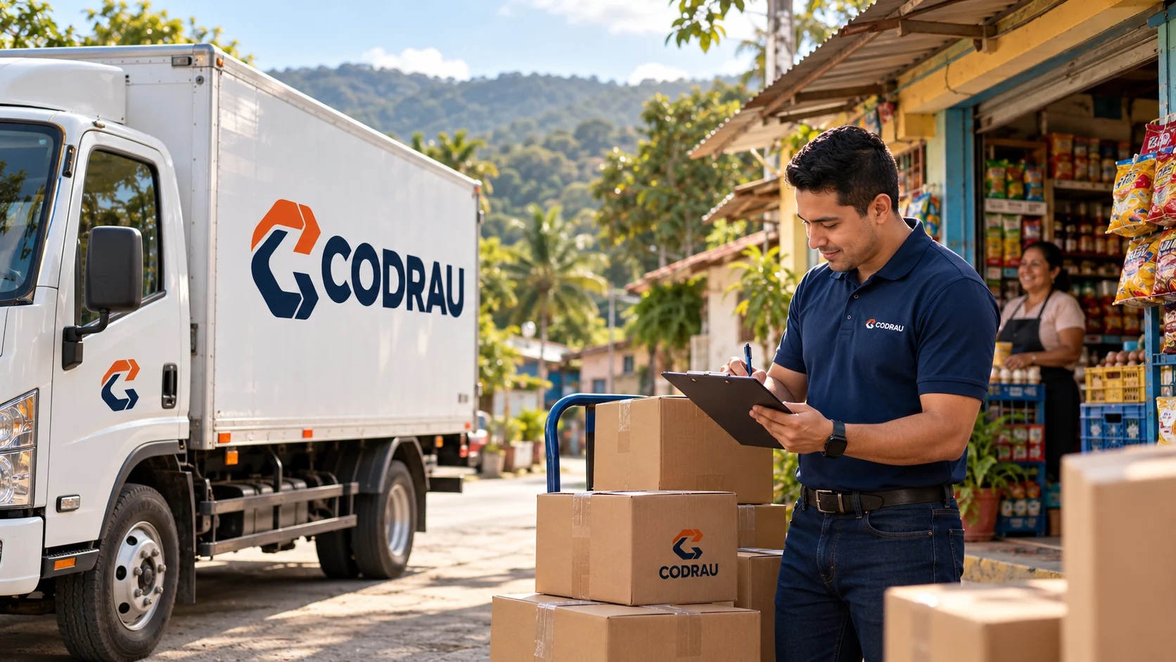 Escena conceptual de una entrega de productos CODRAU a un comercio en Honduras